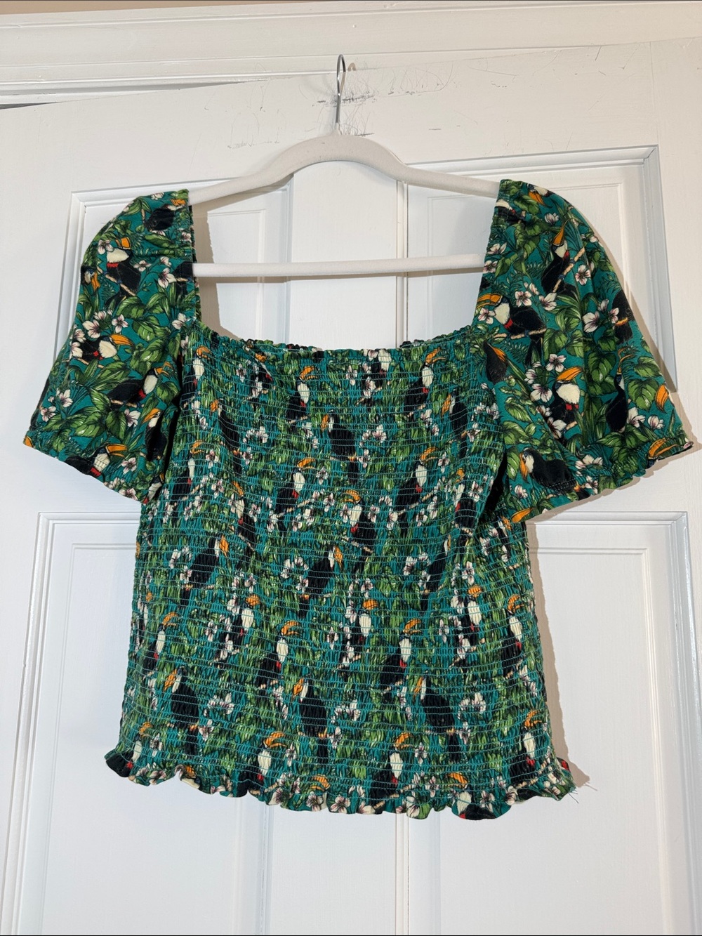 dolan Tropical toucan Smocked Puff-Sleeve Crop Top Cotton Stretchy